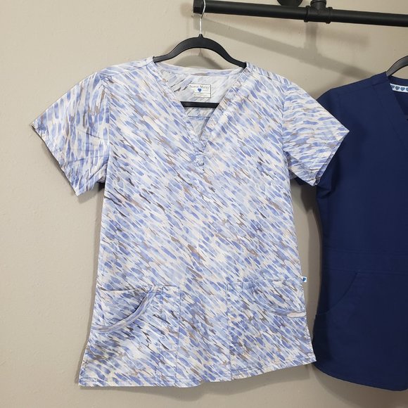 Nurse Mates Ceil Blue Watercolor Print Navy Blue Scrub Tops (2) Small - Picture 2 of 11